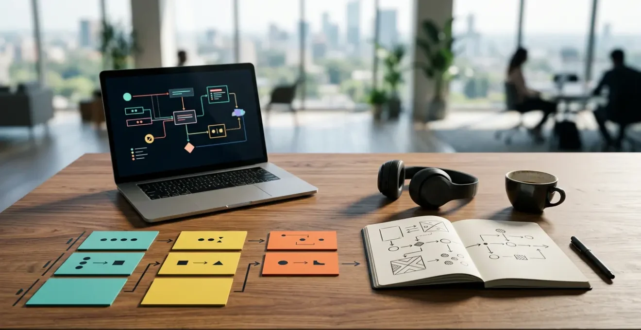 Strategic marketing campaign coordination visualized through clean workspace composition