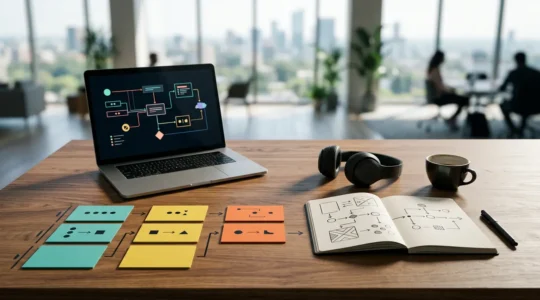 Strategic marketing campaign coordination visualized through clean workspace composition