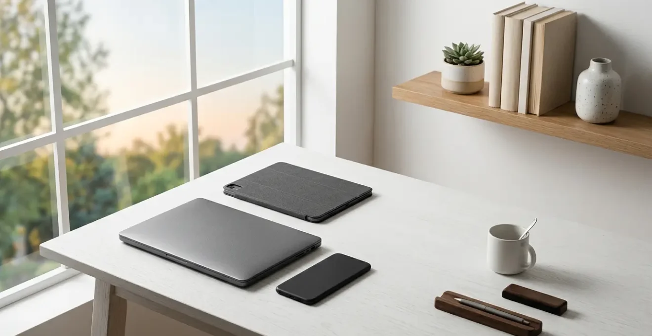 Professional editorial photograph showing hands interacting with multiple devices in a clean minimalist workspace