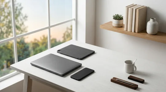 Professional editorial photograph showing hands interacting with multiple devices in a clean minimalist workspace