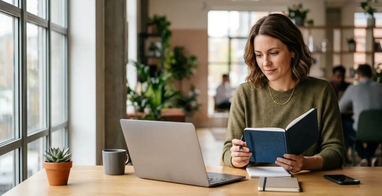 Professional content marketer developing strategic digital assets in modern workspace with natural lighting