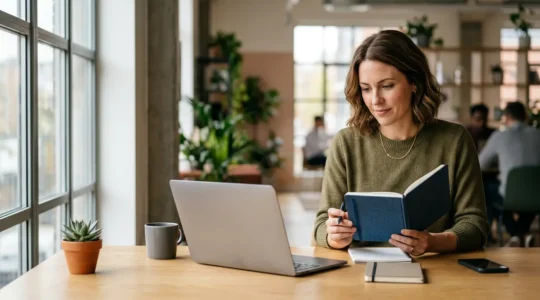 Professional content marketer developing strategic digital assets in modern workspace with natural lighting