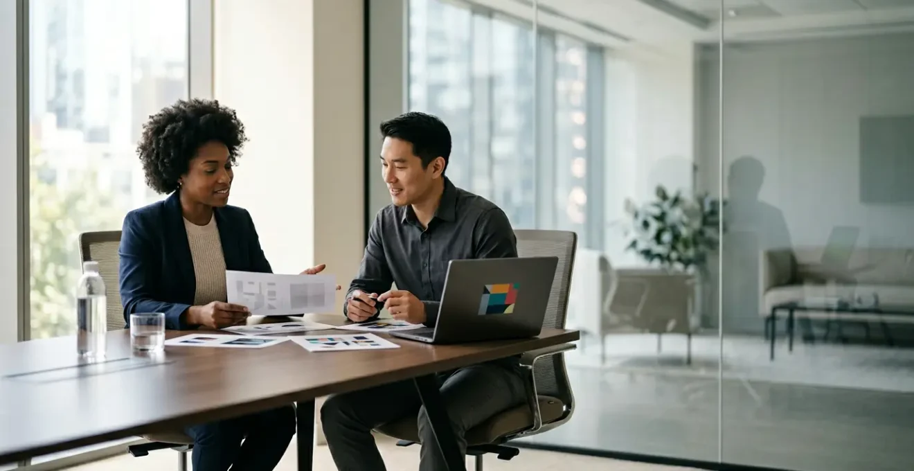 Marketing and finance teams collaborating with data visualizations and strategic planning materials