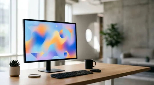 Professional workspace showing real-time business analytics dashboard with live performance metrics