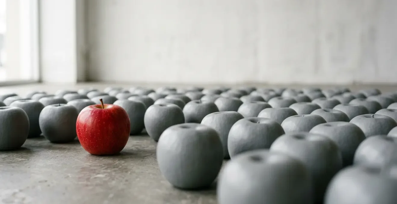 A distinct figure breaking away from identical silhouettes in a minimalist composition representing brand differentiation