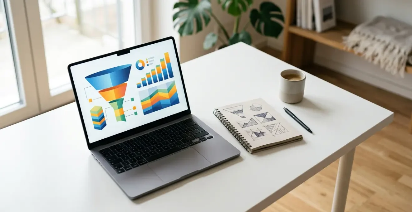 Marketing analytics workspace showing conversion funnel optimization process with clean data visualization