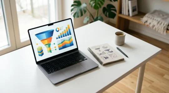 Marketing analytics workspace showing conversion funnel optimization process with clean data visualization