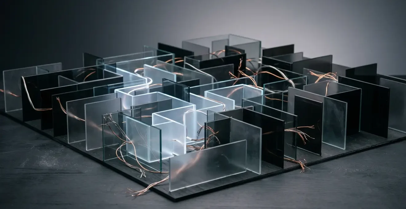 Abstract visualization of technical SEO barriers preventing search engine crawling and indexing