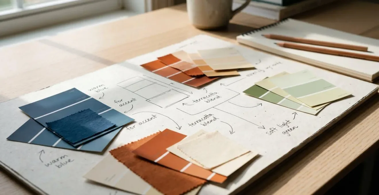 Extreme close-up of color palette swatches and brand guideline materials arranged on a clean white desk surface