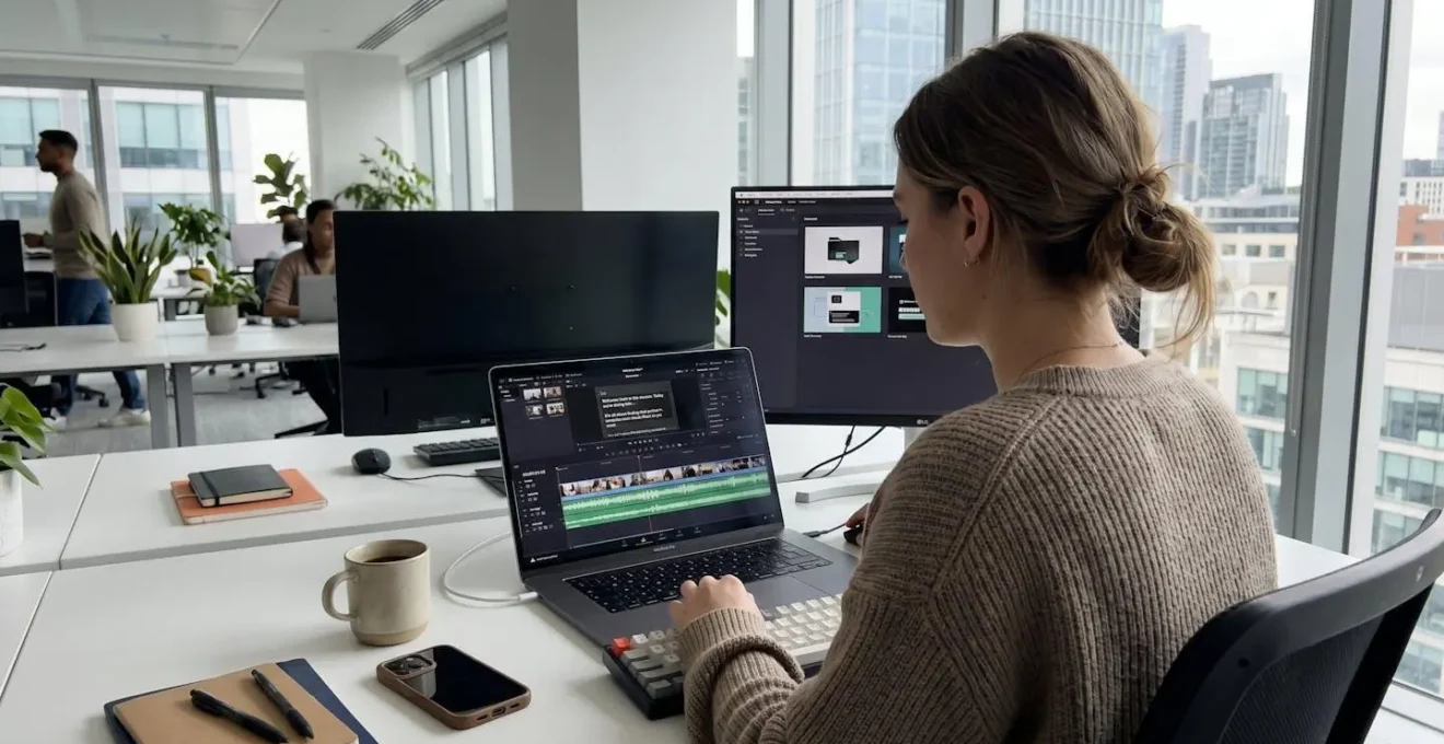 Content marketing professional reviewing video subtitle edits on laptop screen in contemporary office workspace with natural lighting