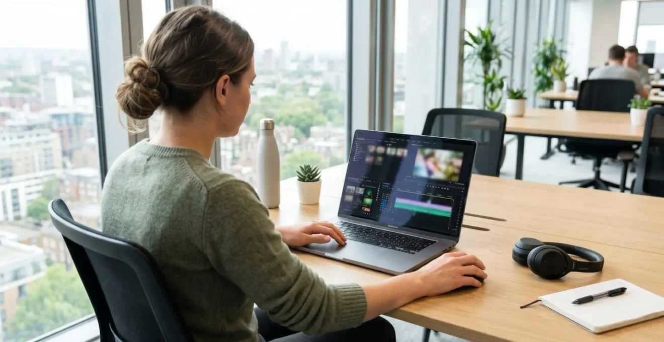 A marketing professional works on a laptop in a bright modern office, viewed from behind the shoulder, with a video editing timeline visible on the screen