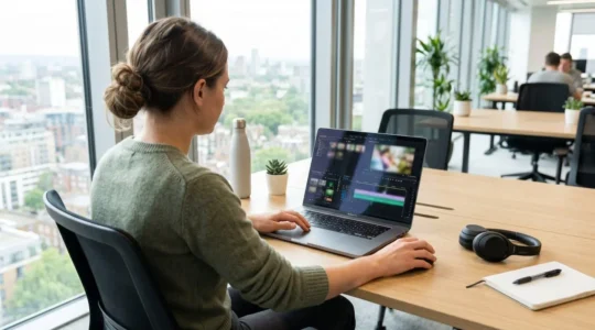 A marketing professional works on a laptop in a bright modern office, viewed from behind the shoulder, with a video editing timeline visible on the screen