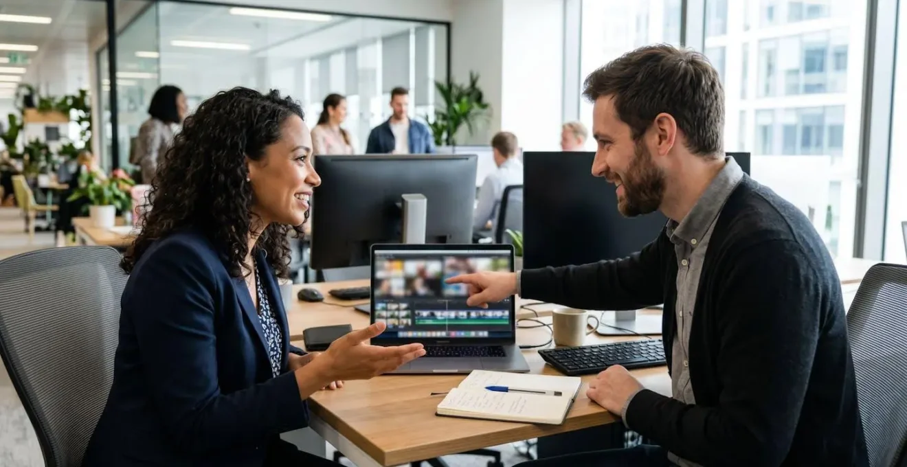 Two marketing professionals collaborate at a desk, one pointing at a laptop screen, captured in natural profile view in a modern office with natural lighting