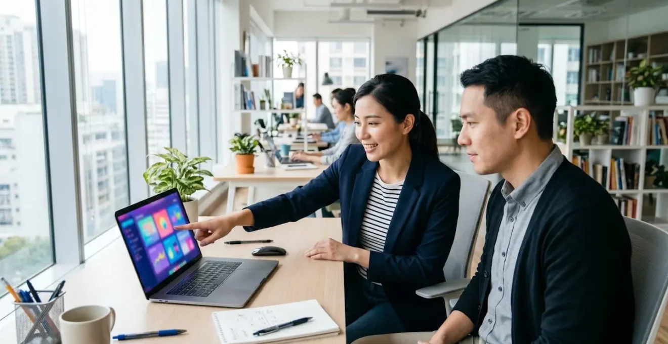 Two marketing professionals collaborating at a bright modern desk, one pointing at a laptop displaying colourful animated graphics, natural office environment with large windows