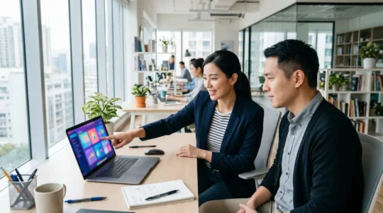 Two marketing professionals collaborating at a bright modern desk, one pointing at a laptop displaying colourful animated graphics, natural office environment with large windows