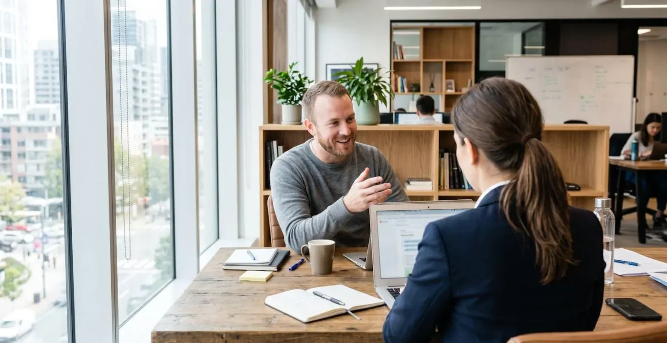 Two marketing professionals sitting at a modern desk reviewing content on a laptop screen during a collaborative work session