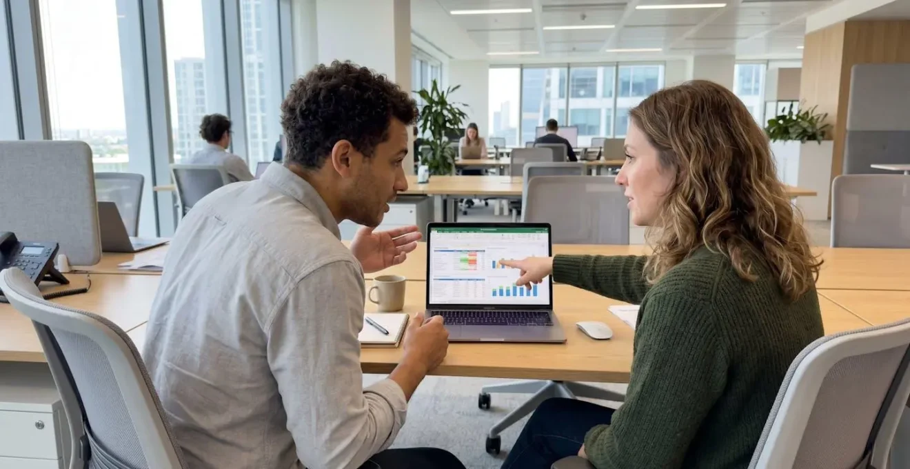 Two marketing professionals reviewing design work on laptop screen in bright modern office workspace, over-shoulder perspective showing natural teamwork interaction