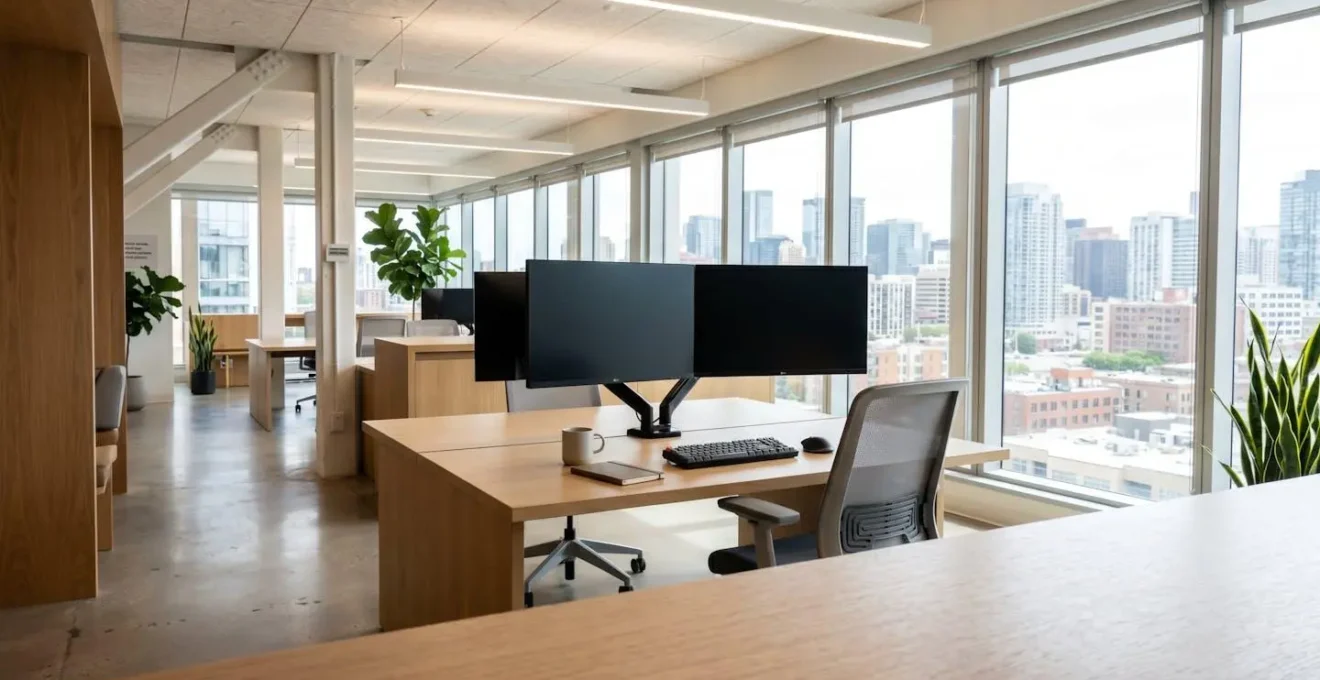 Contemporary office workspace with clean desk, dual computer monitors with screens turned off, abundant natural light streaming through large windows, organised professional environment