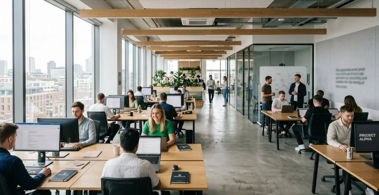 Wide angle view of a contemporary marketing office with large windows, clean desks with computers, and abundant natural lighting
