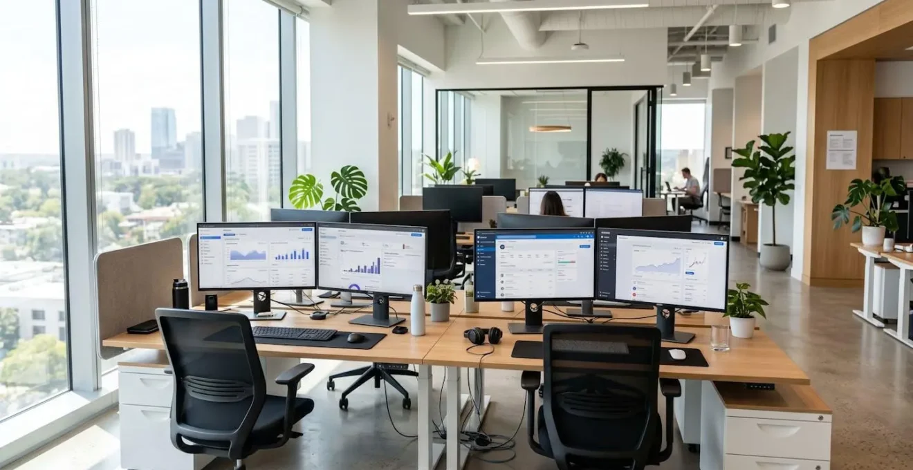 Wide angle view of a contemporary marketing workspace with multiple monitors displaying social media platform dashboards, flooded with natural light from large windows