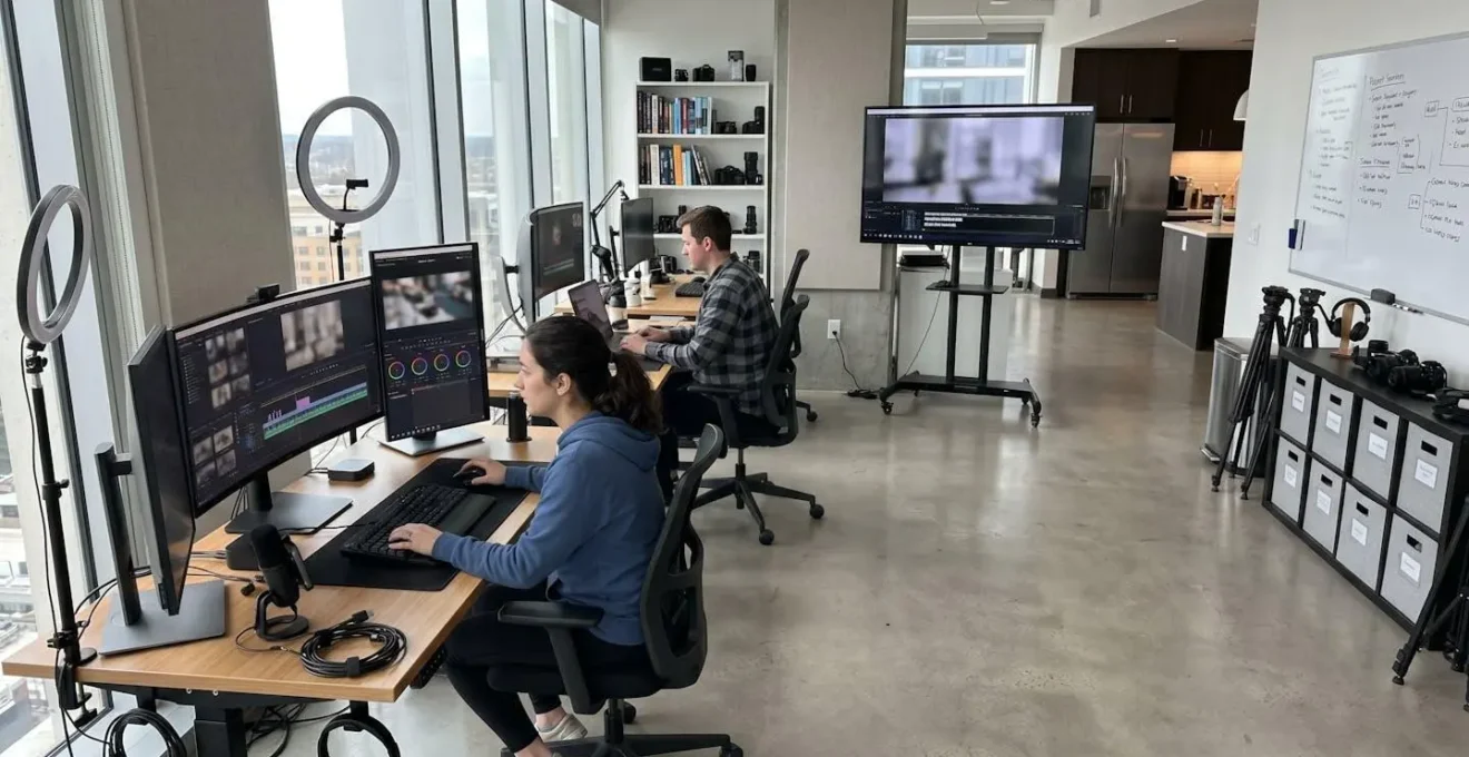 Wide-angle view of contemporary video production workspace with multiple displays showing video content and editing tools in clean professional environment