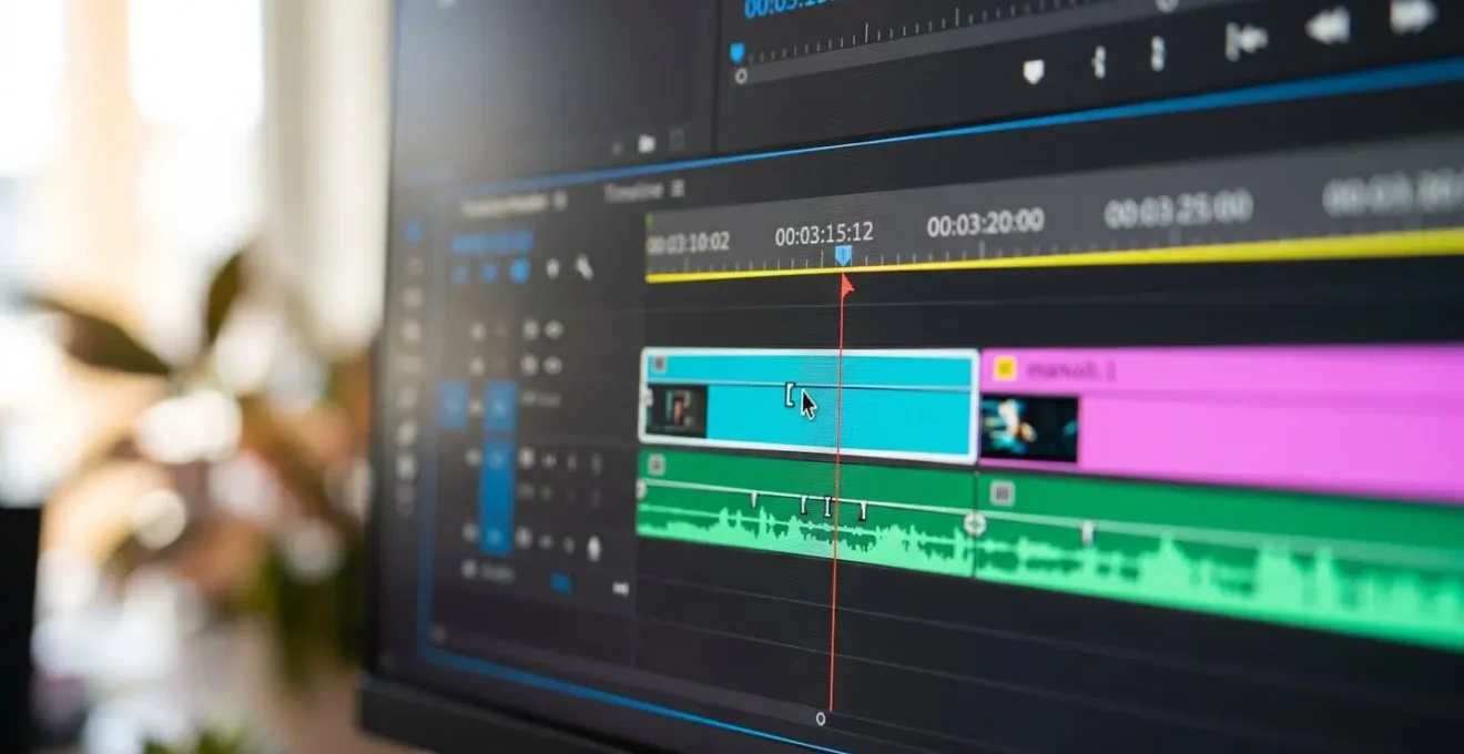 Extreme close-up of a video editing timeline on a computer monitor showing trim markers and duration indicators with shallow depth of field
