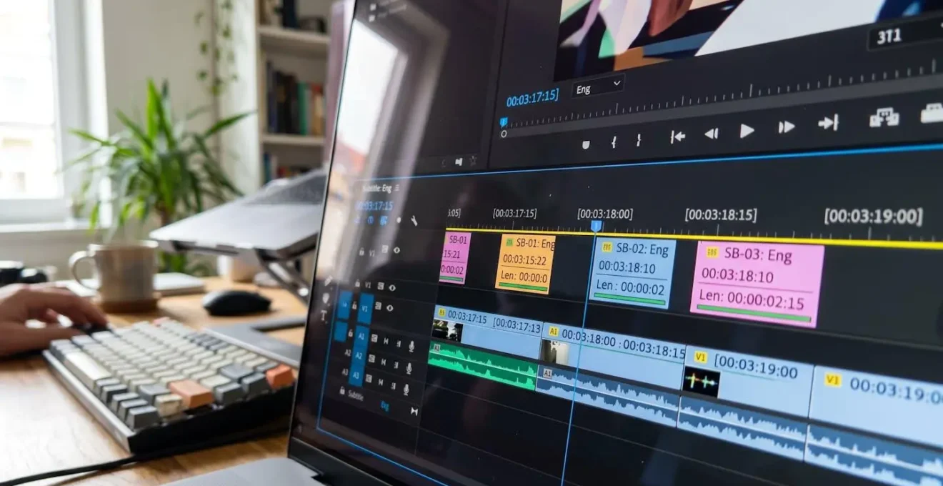 Extreme close-up of video editing timeline showing subtitle text blocks with precise timecode markers and synchronisation points