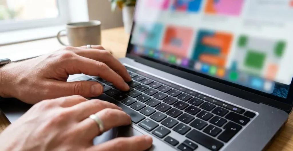 Close-up view of hands typing on modern laptop keyboard with blurred design software interface showing colour palette in soft background bokeh Close-up view of hands typing on modern laptop keyboard with blurred design software interface showing colour palette in soft background bokeh