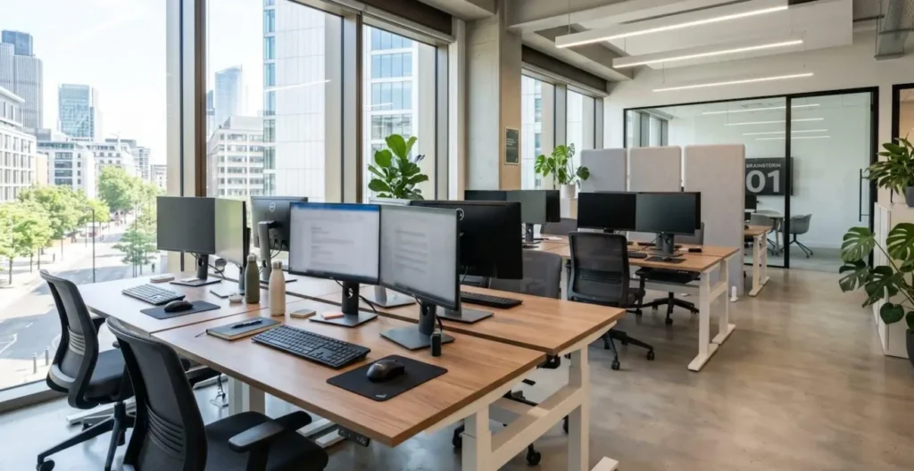Contemporary marketing team workspace with clean desk, dual monitors showing design layouts, abundant natural light from large windows, bright modern UK office interior, no people in frame Contemporary marketing team workspace with clean desk, dual monitors showing design layouts, abundant natural light from large windows, bright modern UK office interior, no people in frame